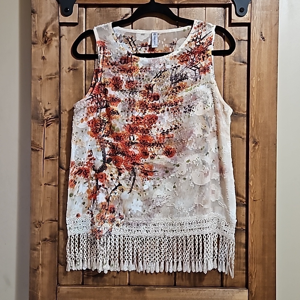 Miss Nikky Ivory Watercolor Floral Sparkly Sheer Fringed Tank Top Size L…